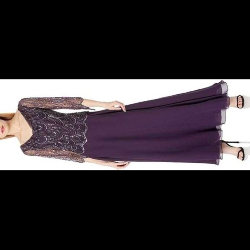 J Kara Women's Petite 3/4 Scallop Beaded Pop Over Gown, Purple, 10P